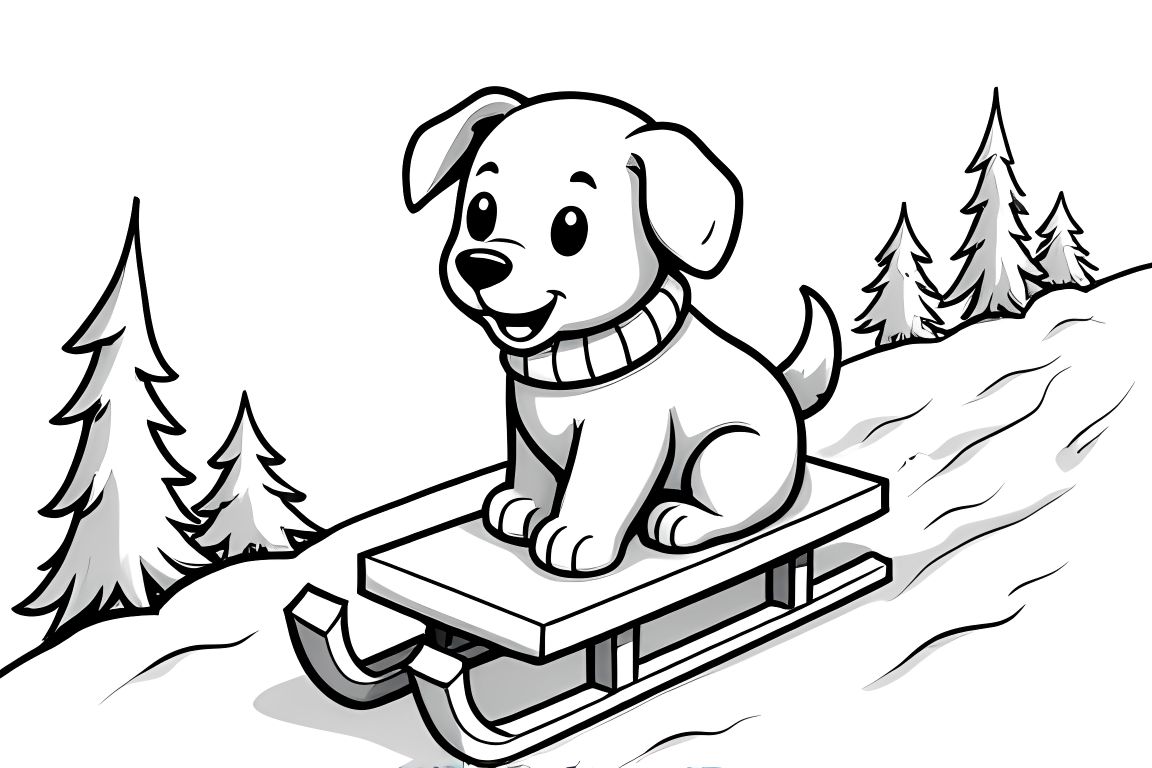 Children's coloring illustration of a puppy sledding in a winter landscape