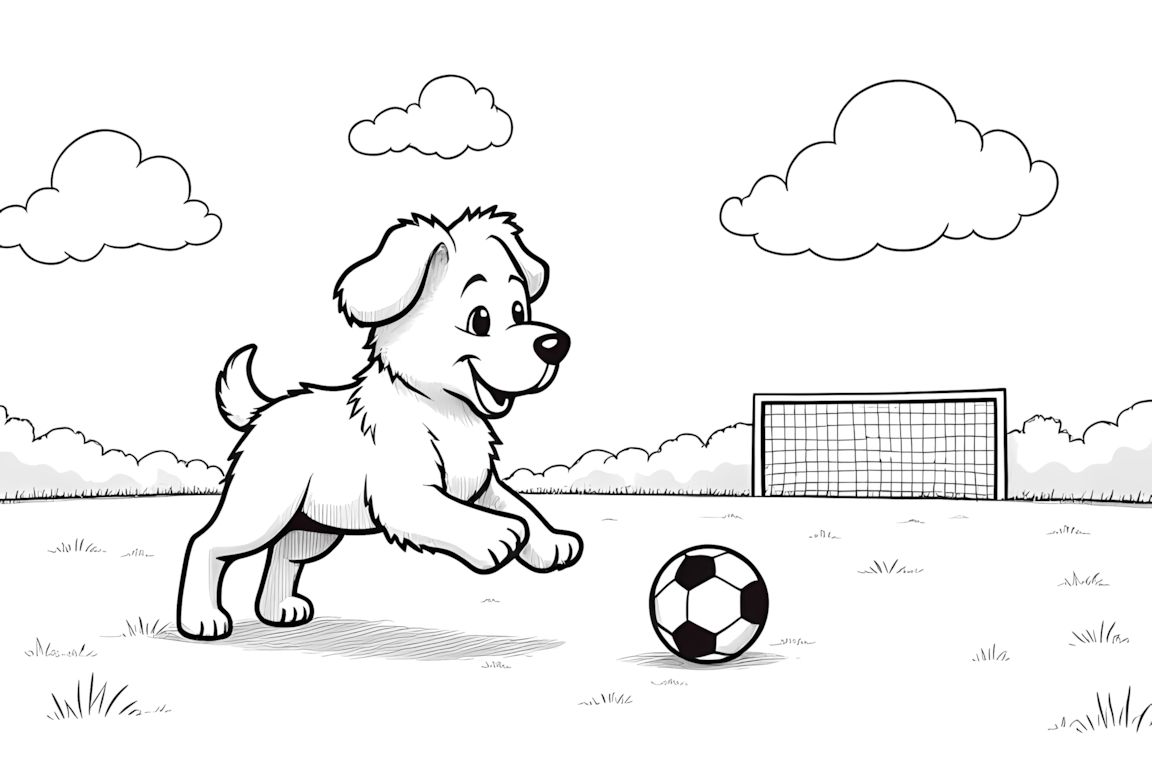 Coloring book illustration of an athletic puppy playing soccer with a ball and goal posts