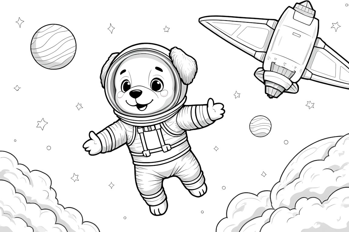 Detailed coloring book illustration of a puppy astronaut floating in space near a spacecraft