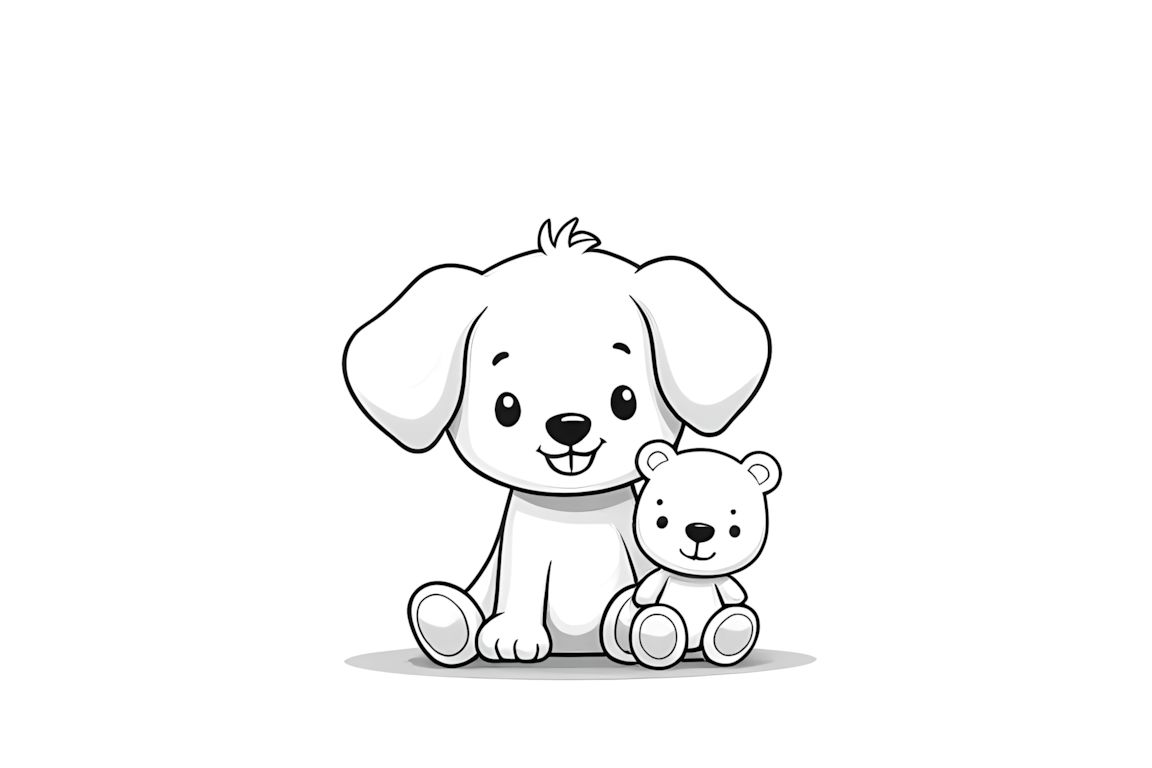 Simple coloring book page featuring a cute puppy hugging a teddy bear, designed for toddlers