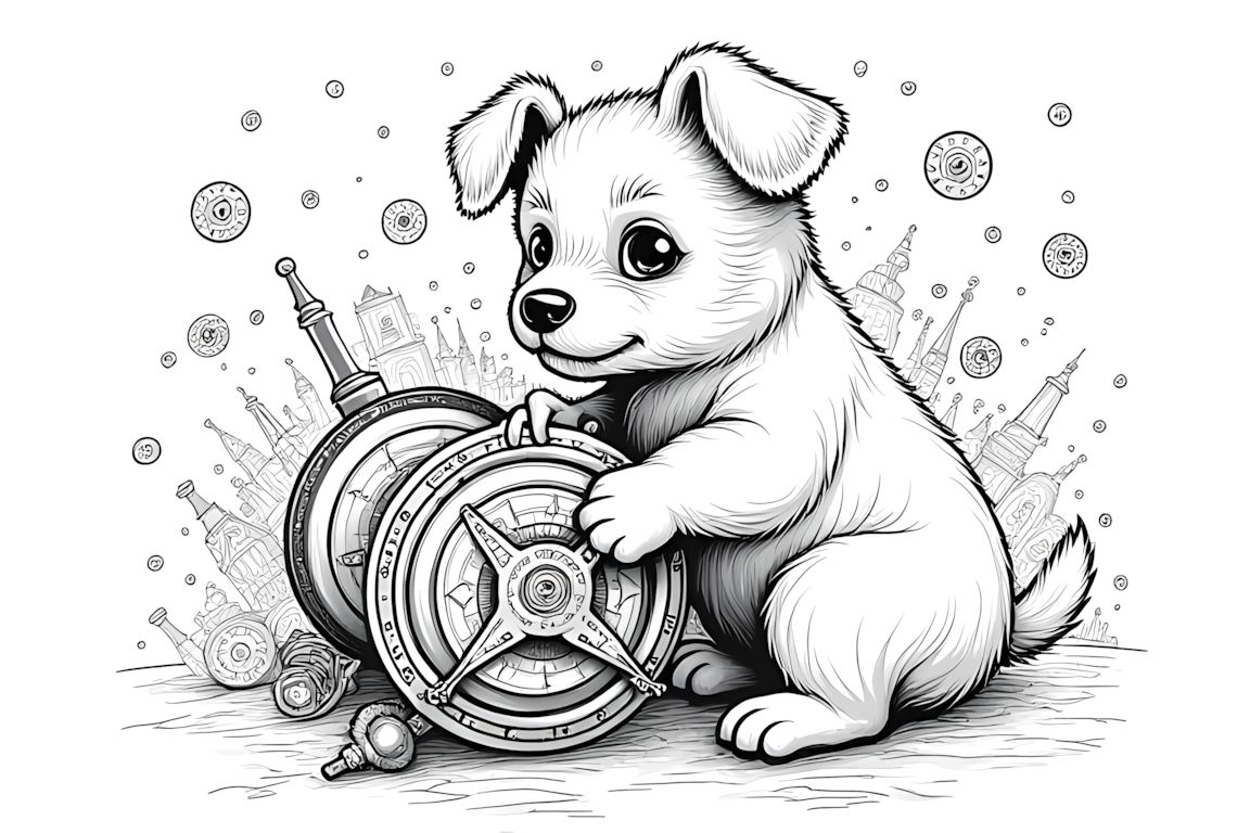Detailed coloring book illustration of a puppy operating a complex time machine surrounded by historical elements