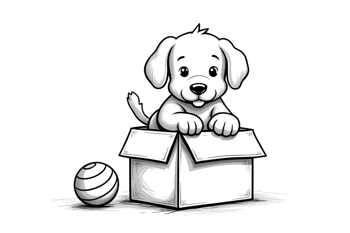 Simple coloring book illustration of a puppy with a box of toys, designed for toddlers