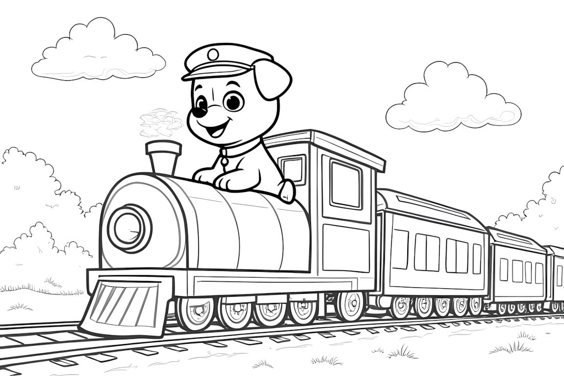 Coloring book illustration of a puppy conductor driving a train through a landscape