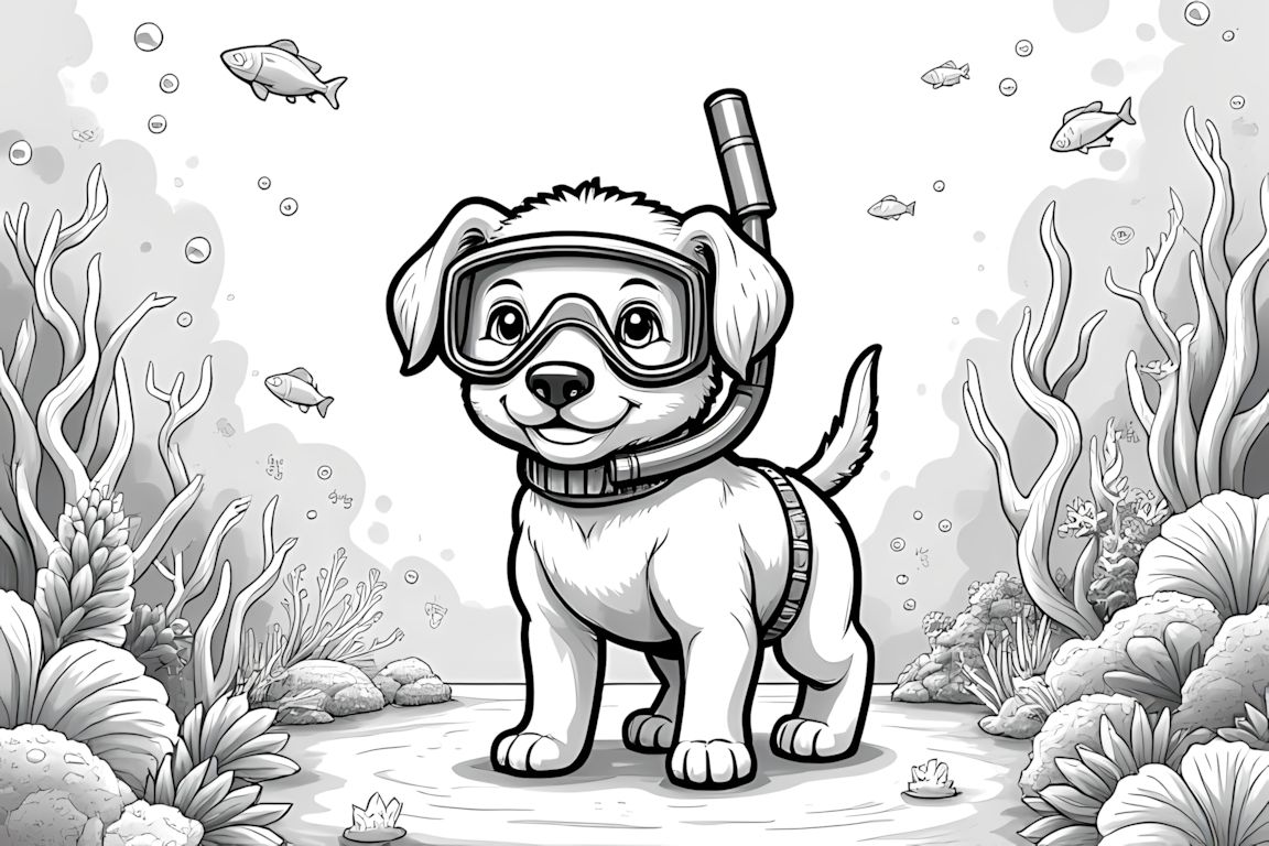 Detailed coloring book illustration of a puppy scuba diver exploring underwater treasures