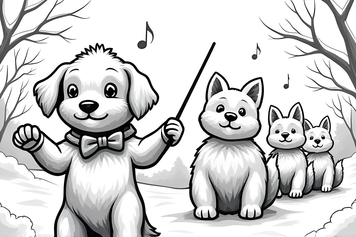 Detailed children's coloring illustration of a puppy conducting a winter animal orchestra