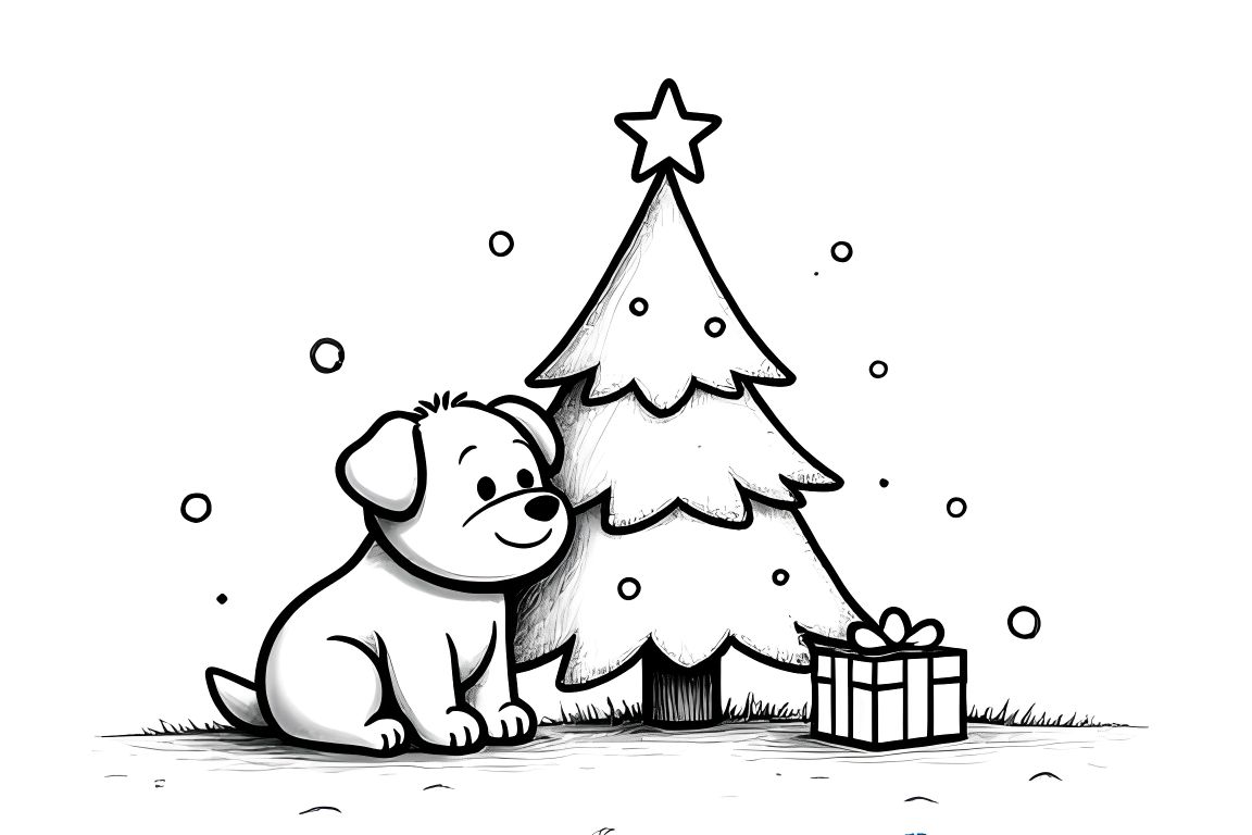 Simple children's coloring book page featuring a puppy under a Christmas tree for toddlers