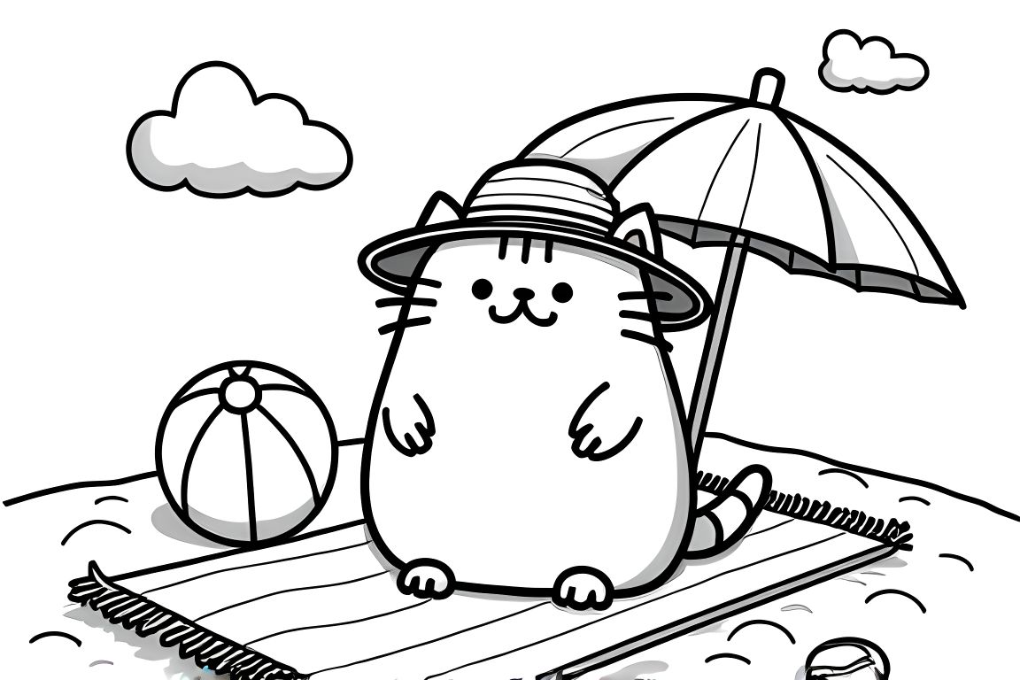 Simple children's coloring page of Pusheen cat at the beach, designed for toddlers