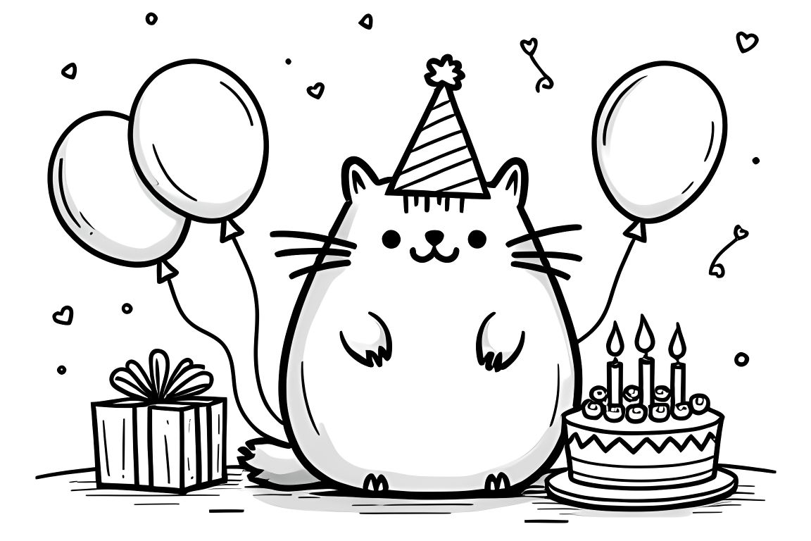 Children's coloring book page of Pusheen cat celebrating a birthday with balloons and presents