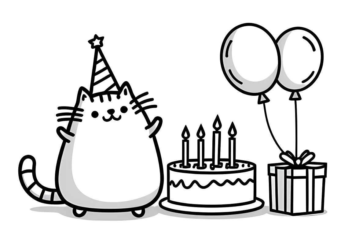 Simple children's coloring page of Pusheen cat at birthday party with cake, ideal for toddlers