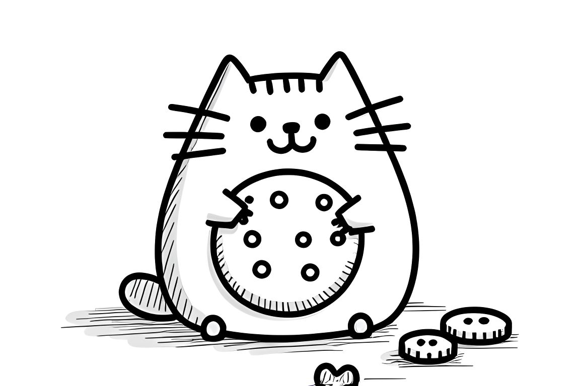 Simple children's coloring page of Pusheen cat eating a cookie, designed for toddlers