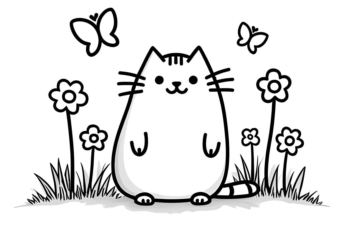 Simple children's coloring sheet of Pusheen cat in a flower garden, perfect for young children