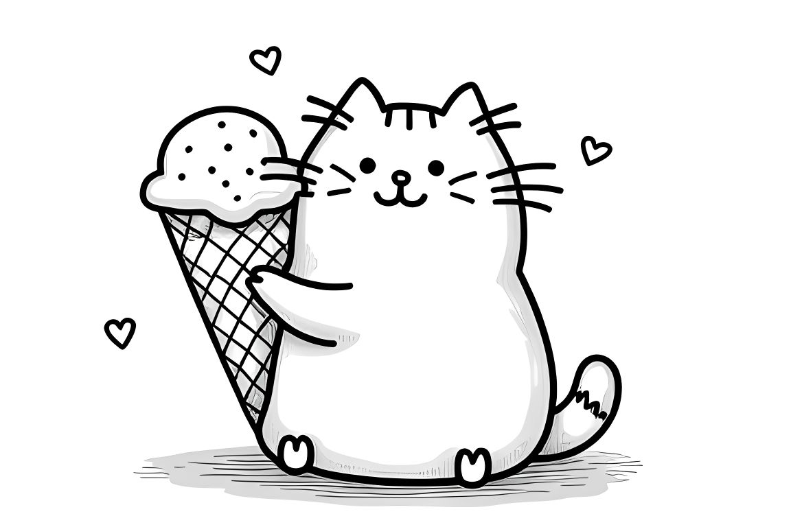 Simple children's coloring book page of Pusheen cat with ice cream cone, perfect for toddlers