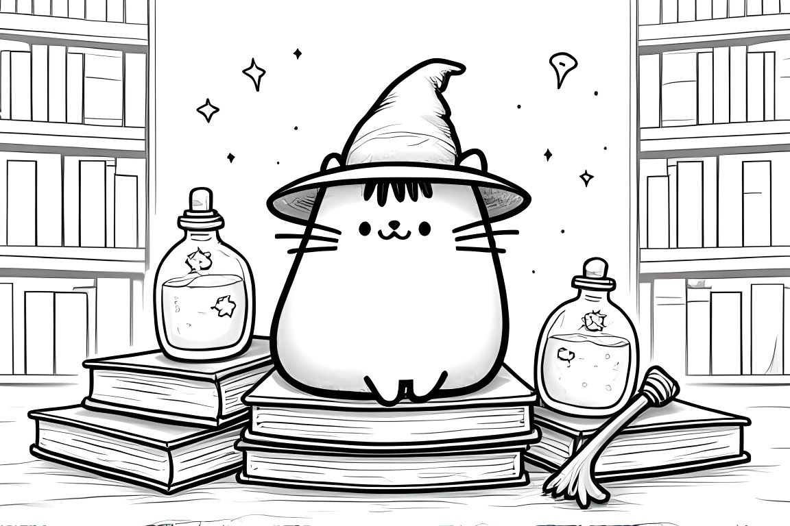 Children's coloring book illustration featuring Pusheen cat as a wizard in a magical library setting