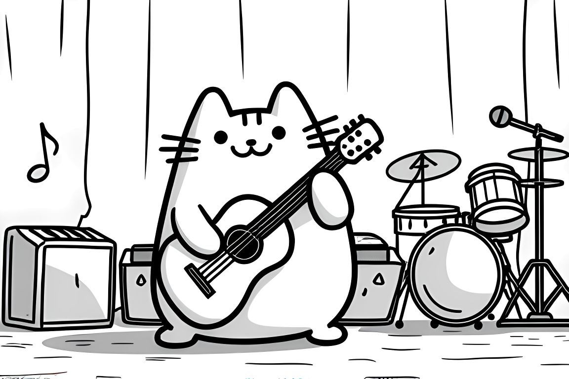 Children's coloring book illustration of Pusheen cat performing at a music festival with instruments