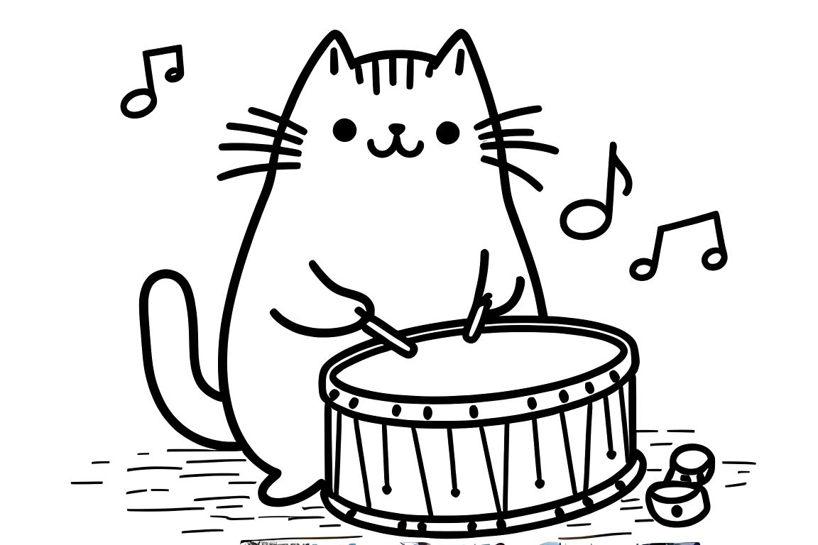 Simple children's coloring page of Pusheen cat with musical instruments, perfect for toddlers