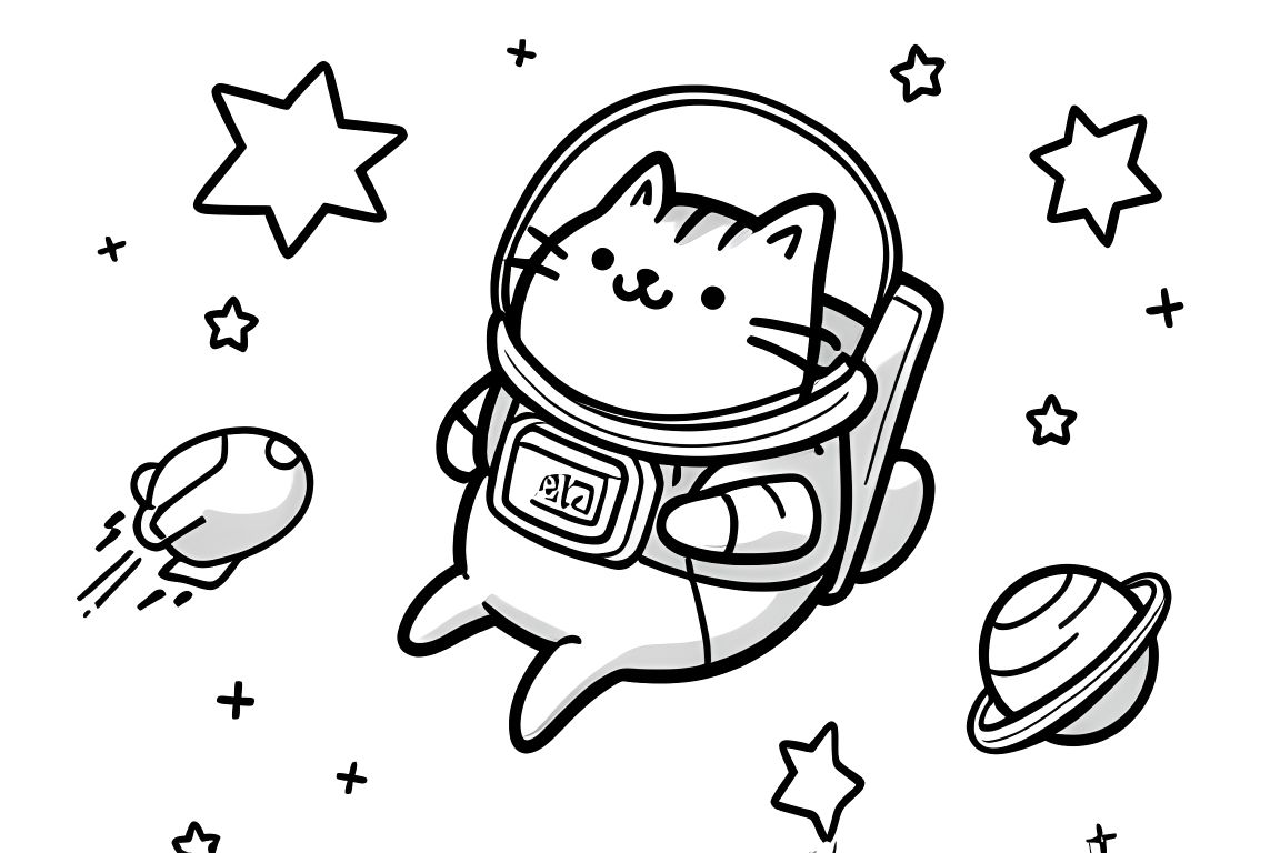 Fun children's coloring book page featuring Pusheen cat as an astronaut in space