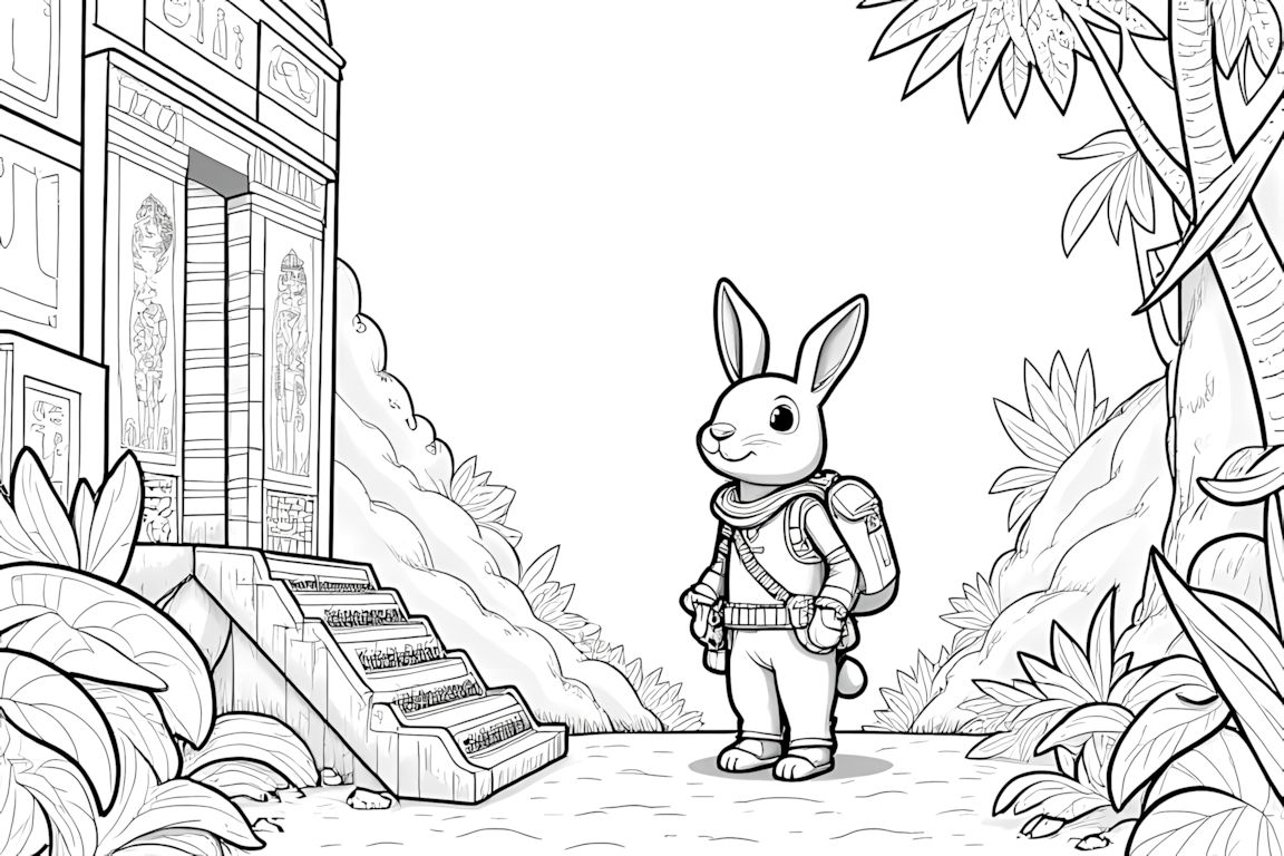 Detailed coloring book illustration of a rabbit archaeologist exploring ancient ruins with intricate carvings