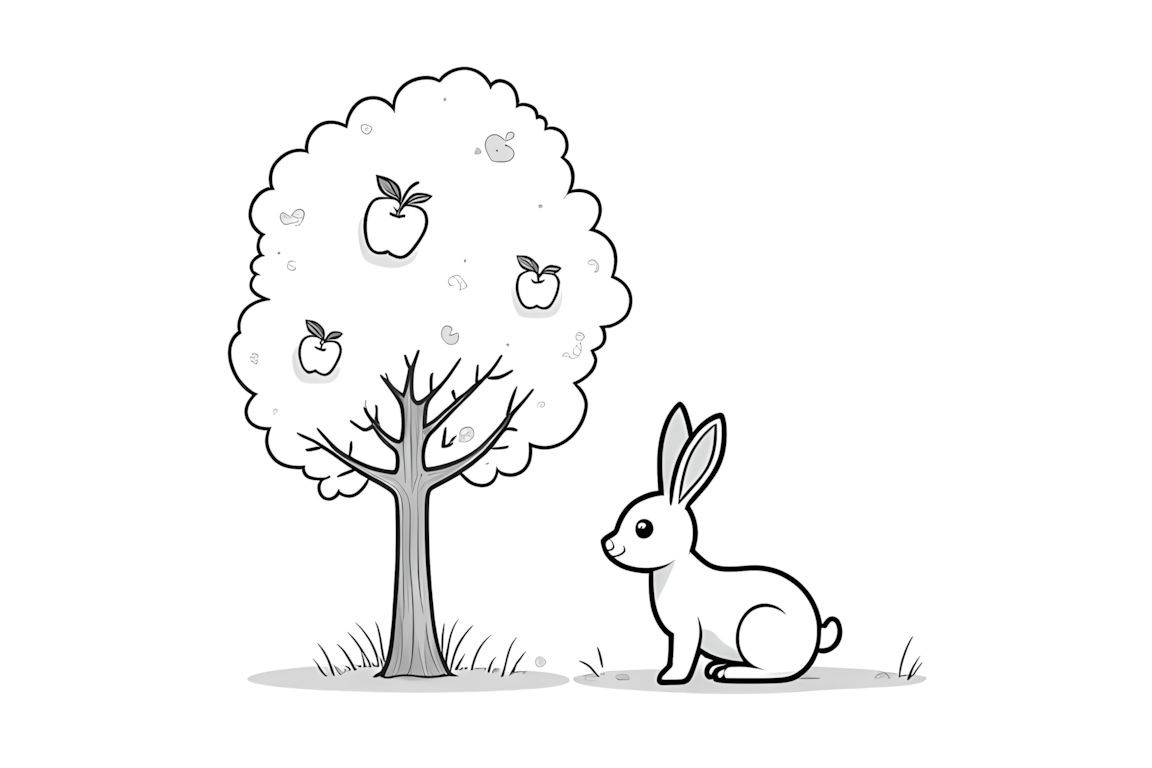 Simple coloring page featuring a rabbit under an apple tree for toddlers