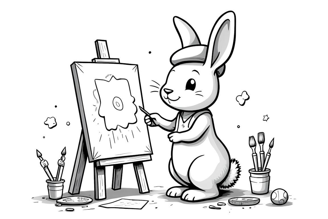 Coloring book page featuring a rabbit painting at an art easel