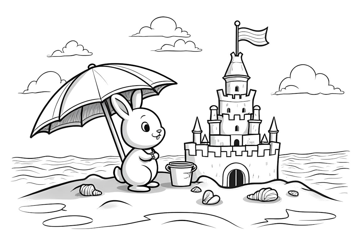 Coloring book illustration of a rabbit building a sandcastle at the beach