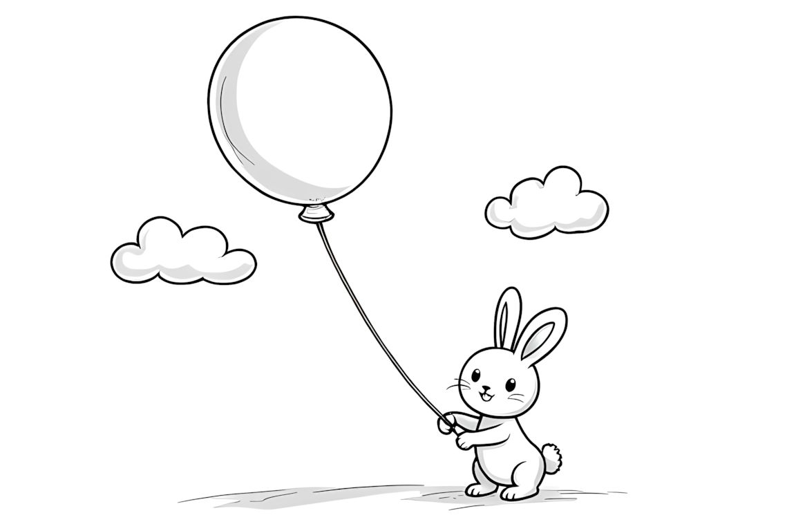 Simple coloring book illustration of a rabbit holding a balloon, perfect for toddlers