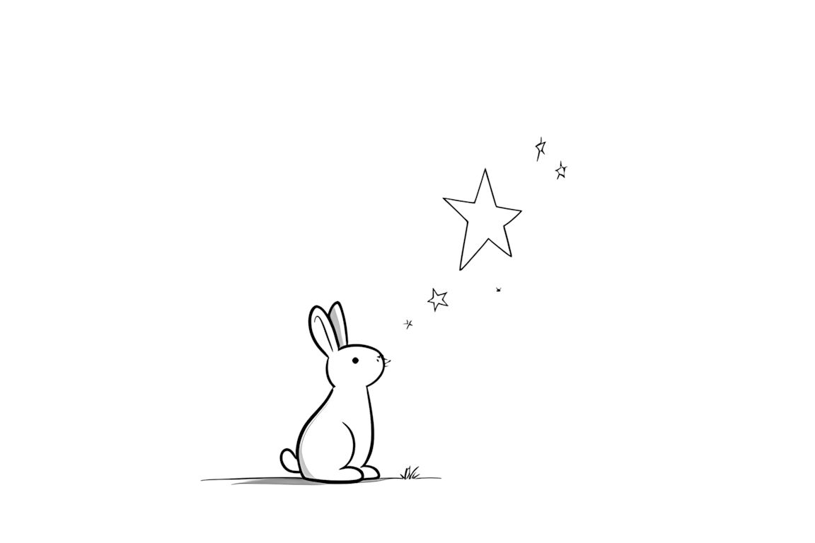 Simple coloring book illustration of a rabbit reaching for a star, perfect for toddlers