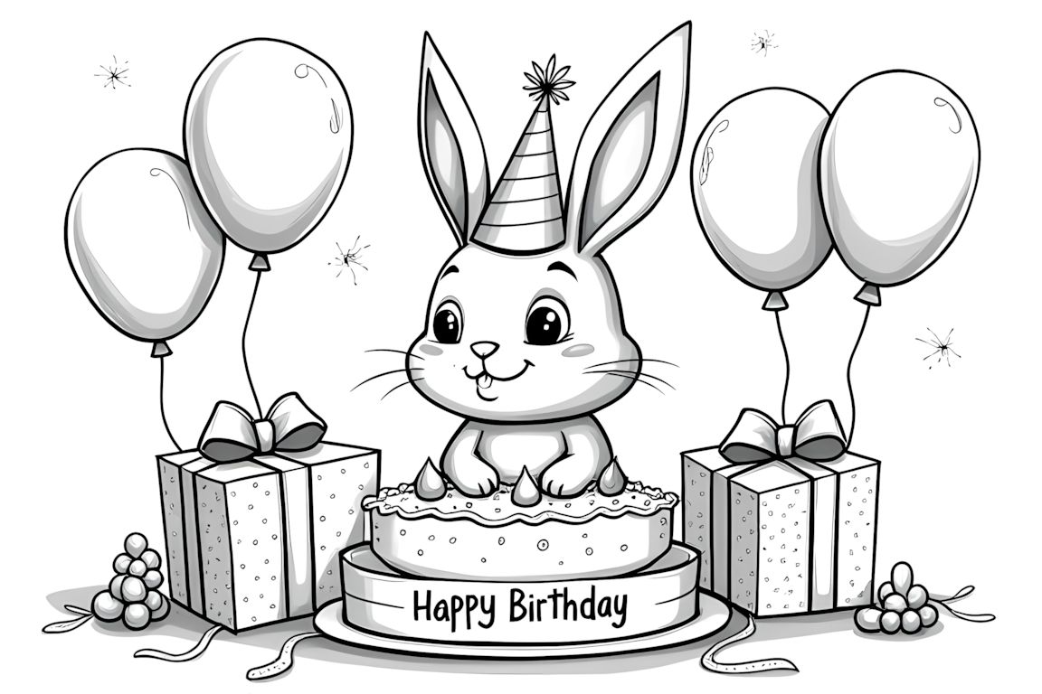 Coloring book page featuring a rabbit at a birthday party with cake and presents