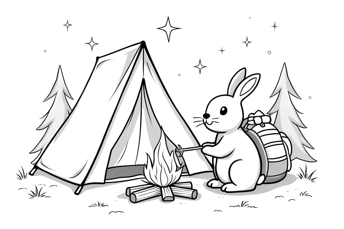 Coloring book illustration of a rabbit camping with tent and campfire