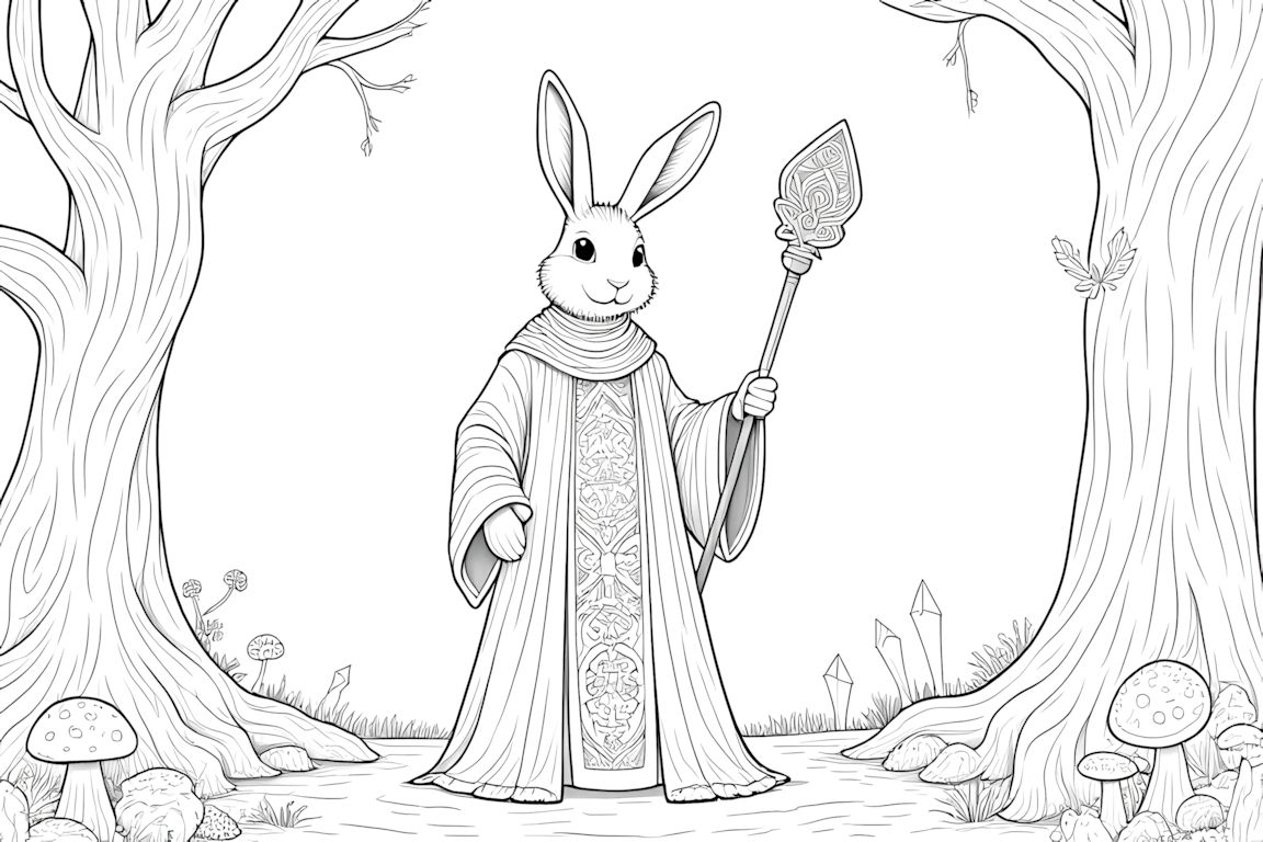 Detailed coloring book illustration of a rabbit wizard in an enchanted forest with magical elements