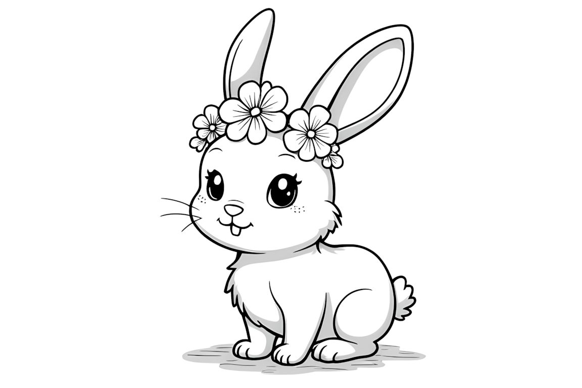 Easy coloring book page featuring a rabbit wearing a flower crown for toddlers
