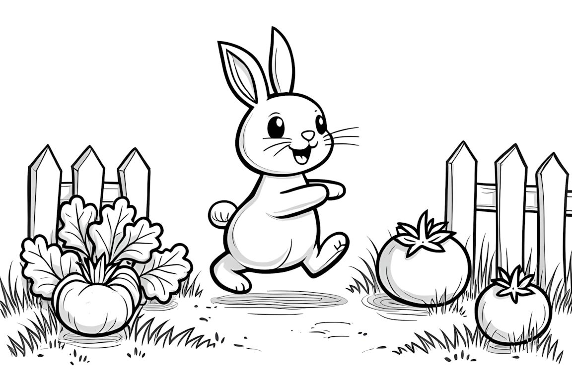 Coloring book illustration of a rabbit exploring a vegetable garden with carrots and lettuce