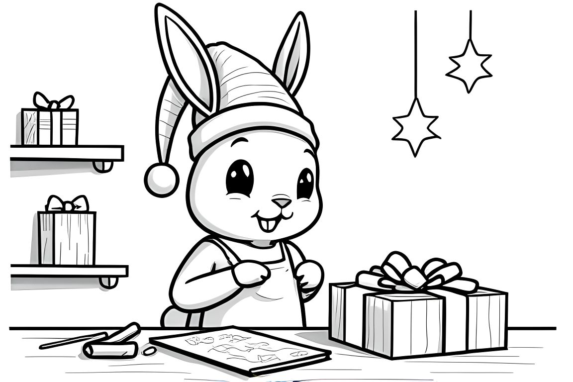 Children's coloring book page of a rabbit wrapping Christmas presents in a workshop setting
