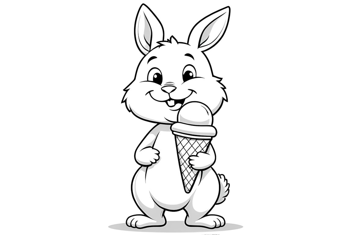 Easy coloring book illustration of a rabbit with an ice cream cone for toddlers