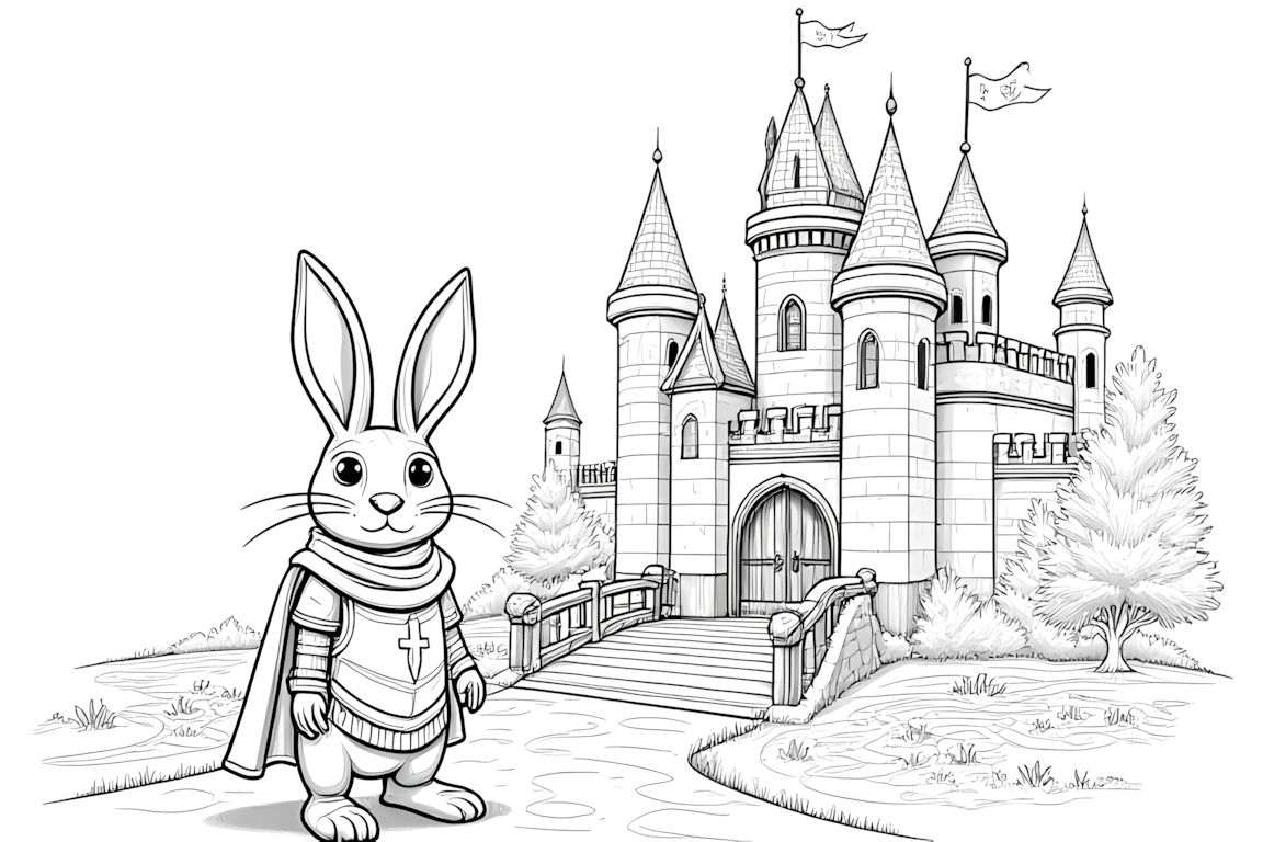 Detailed coloring book illustration of a rabbit knight at a medieval castle with intricate architectural features