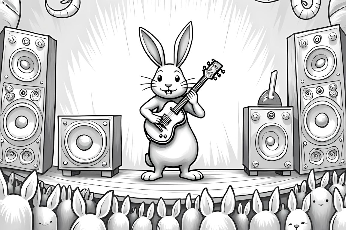 Detailed coloring book illustration of a rabbit performing at a music festival with elaborate stage setup