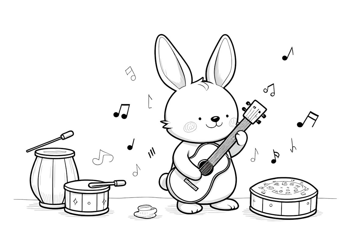 Coloring book page showing a rabbit playing musical instruments