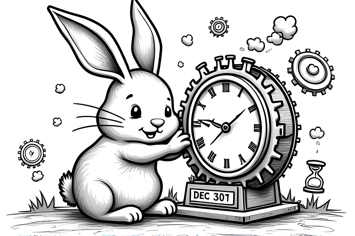 Detailed children's coloring page of a rabbit piloting a New Year themed time machine