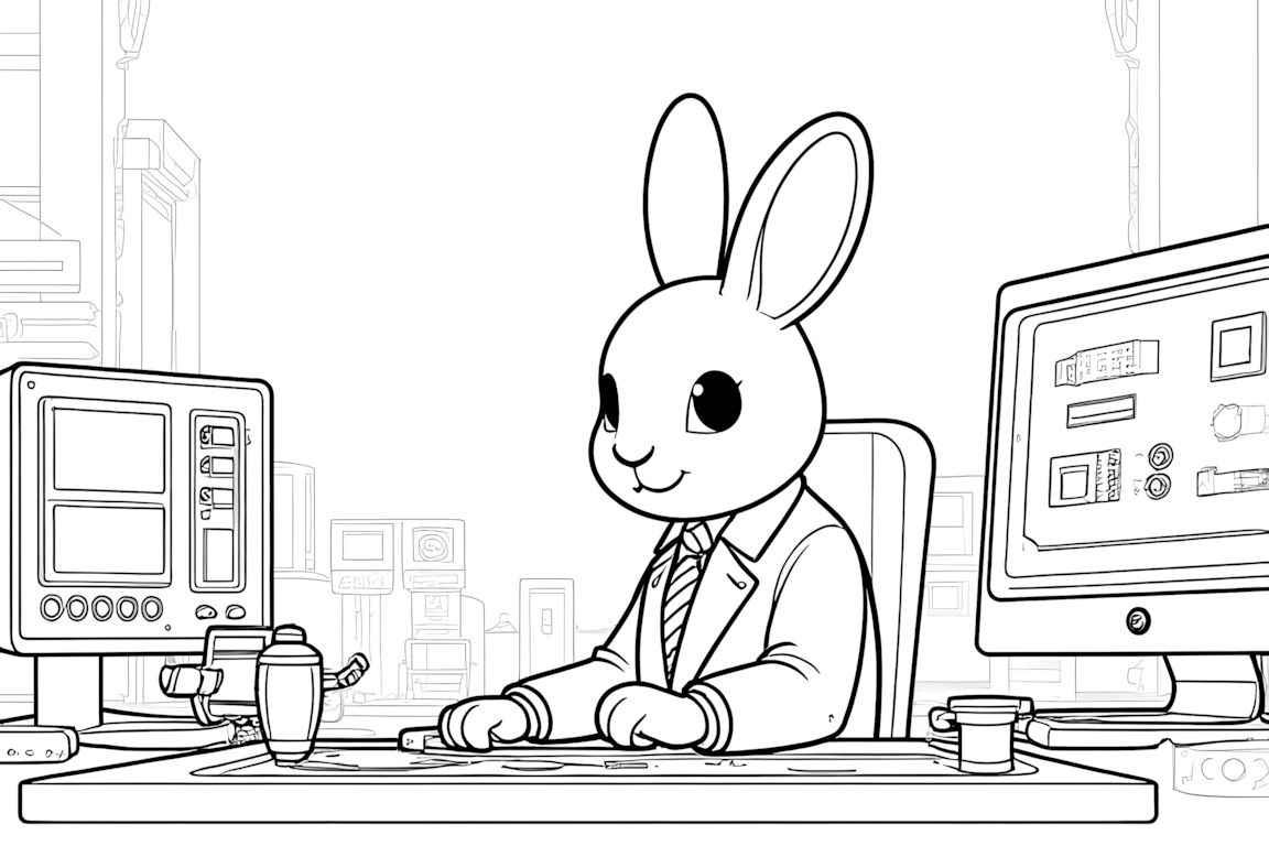 Detailed coloring book illustration of a rabbit engineer building robots in an advanced factory
