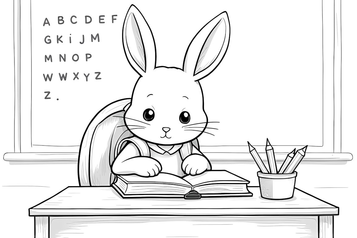 Coloring book page of a rabbit at school with books and learning materials