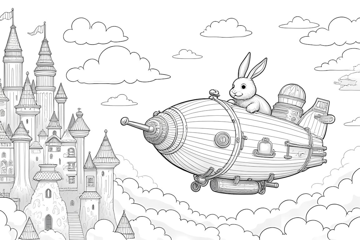 Detailed coloring book illustration of a rabbit pilot near a complex floating city with intricate architecture