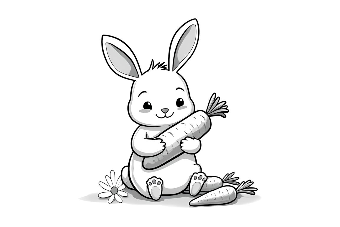 Easy coloring book page showing a rabbit eating a carrot, designed for toddlers