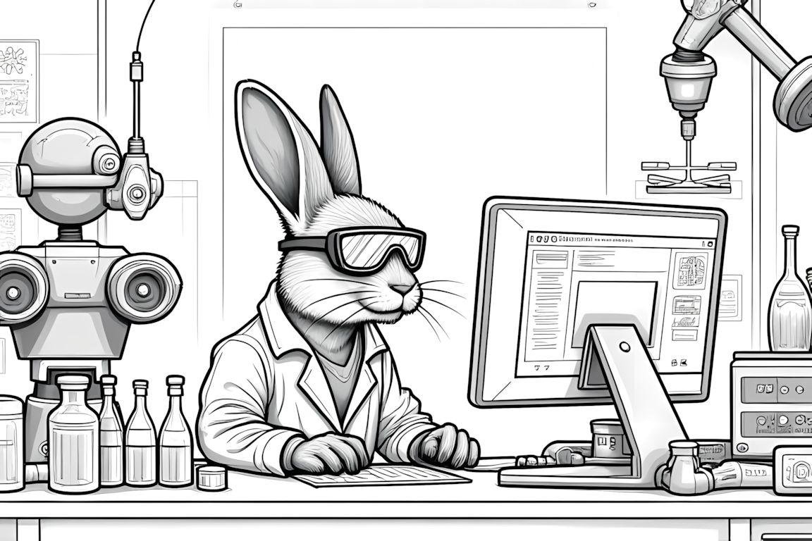 Detailed coloring book illustration of a rabbit scientist working in a futuristic laboratory with advanced equipment