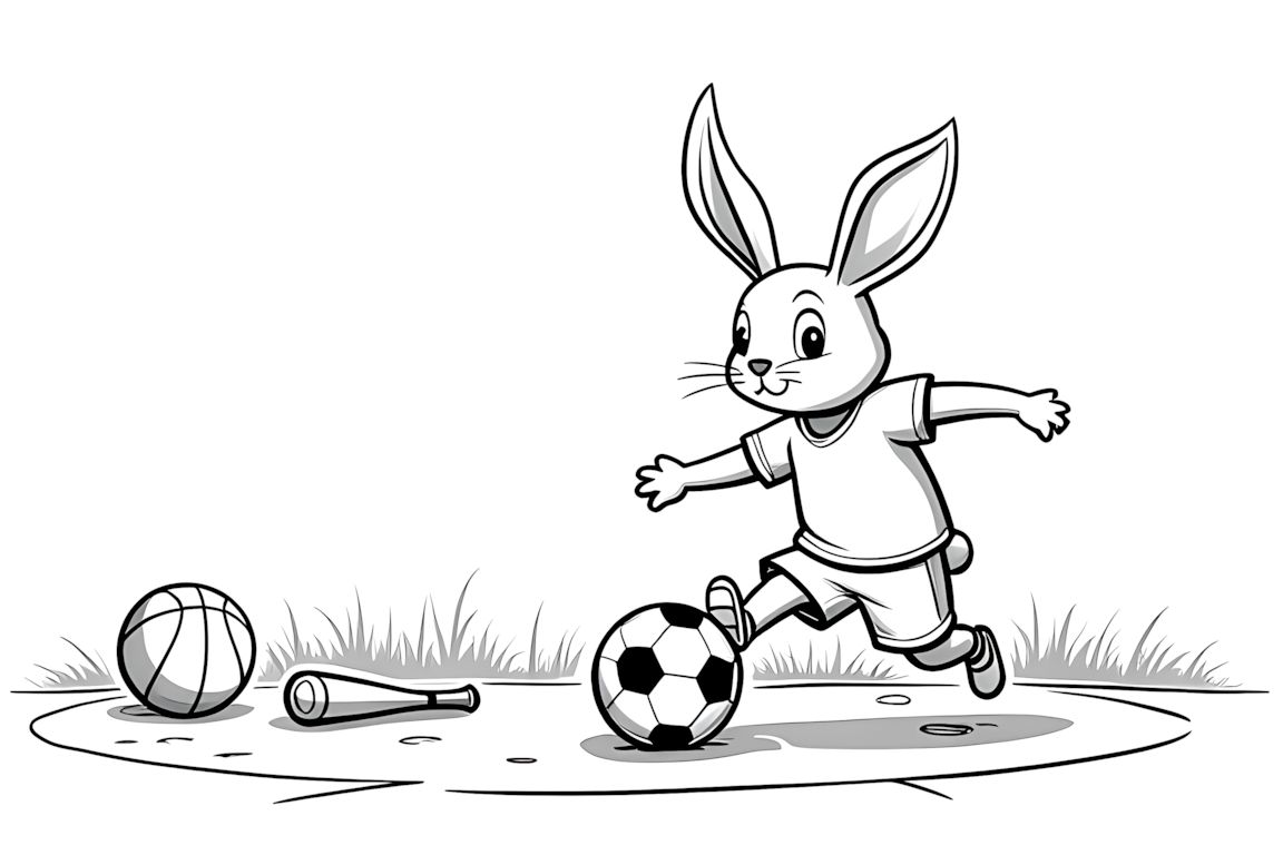Coloring book page of a rabbit playing sports with various equipment