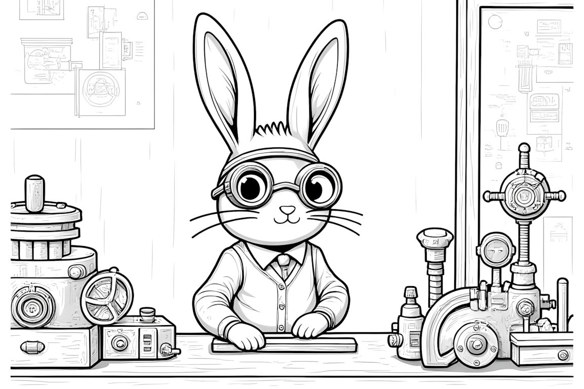 Detailed coloring book illustration of a rabbit inventor in a steampunk workshop with complex machinery