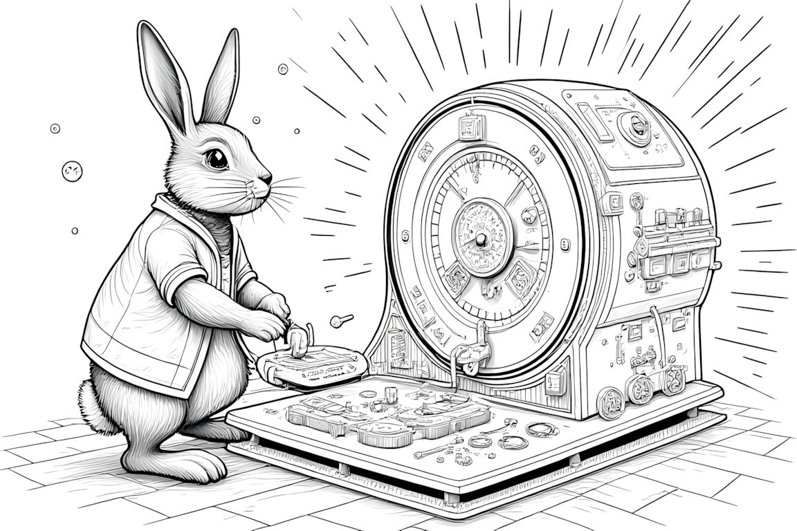 Detailed coloring book illustration of a rabbit with an elaborate time machine surrounded by temporal effects