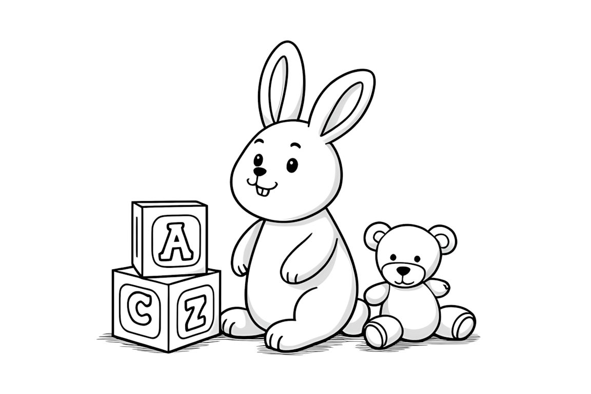 Simple coloring book illustration of a rabbit playing with toys, perfect for toddlers