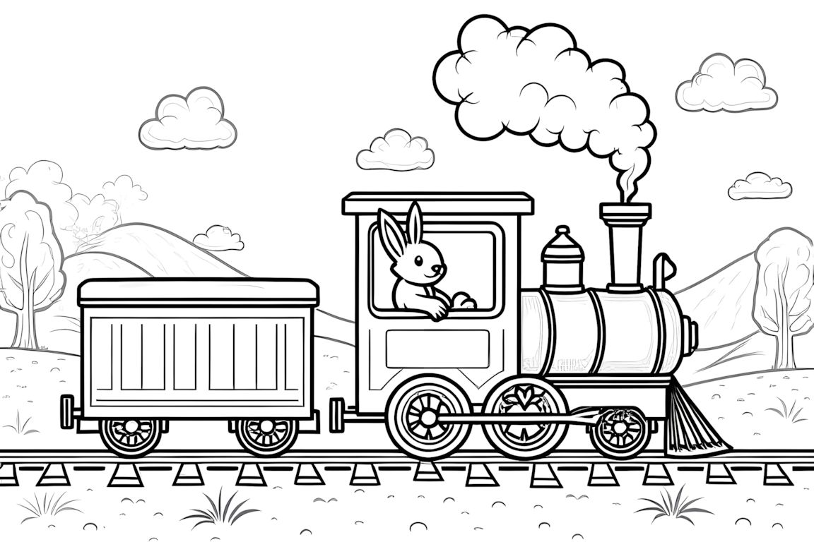 Coloring book illustration of a rabbit conducting a train