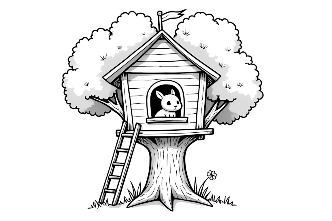 Coloring book illustration of a rabbit in a treehouse with a ladder and flag
