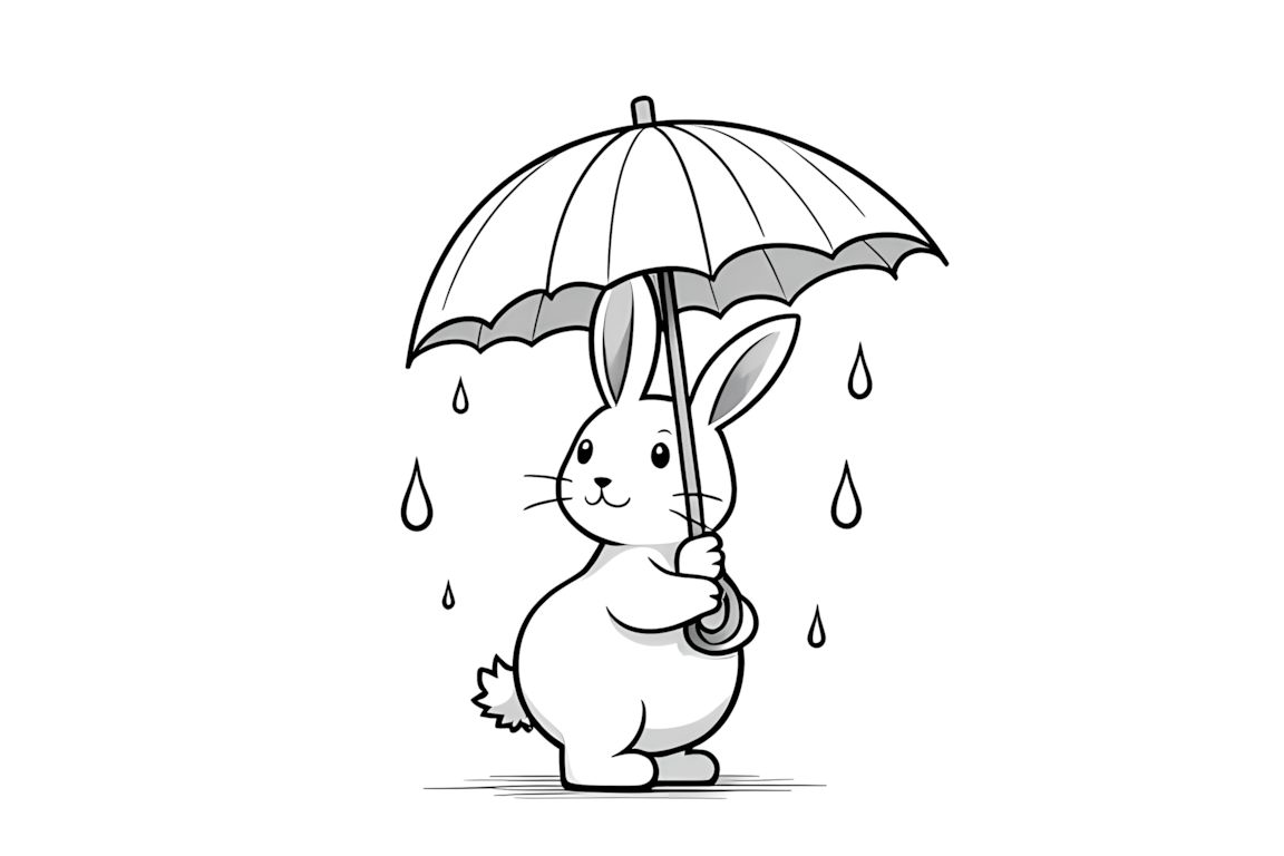 Simple coloring book page showing a rabbit with an umbrella for toddlers