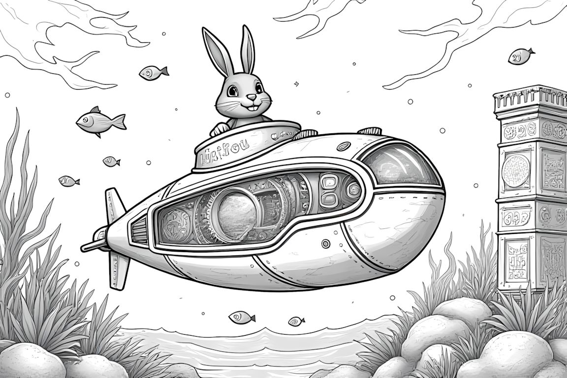 Detailed coloring book illustration of a rabbit exploring the ocean depths in an advanced submarine
